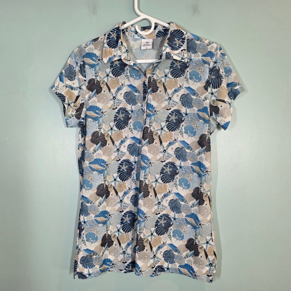 Daily Sports Womens XL Golf Polo Shirt Blue‎ Seashell Starfish Snap Placket Top